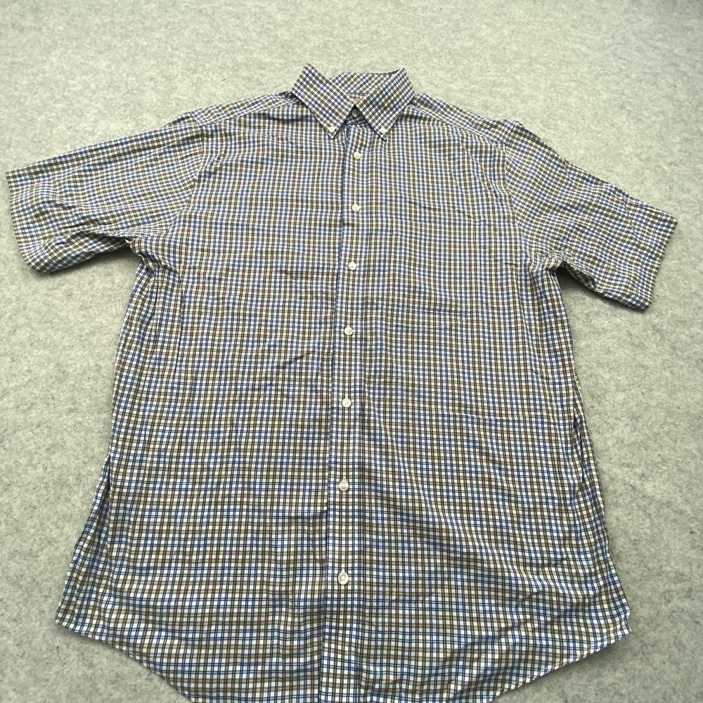 Roundtree & Yorke Shirt Mens LT Blue Brown Plaid Short Sleeve Button Up Casual